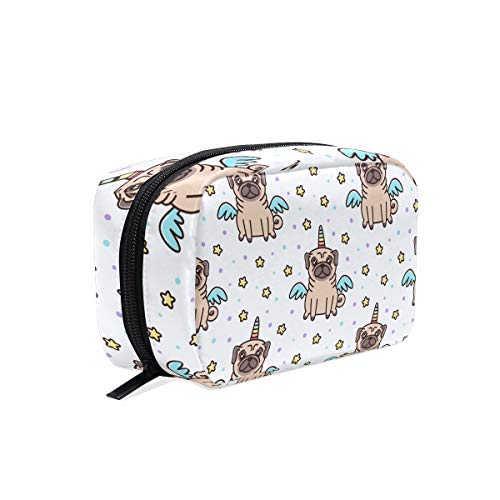Bolsa de aseo para perros con diseño de unicornio de carlino y estuche de maquillaje para bolso organizador con compartimentos y accesorios de viaje mini