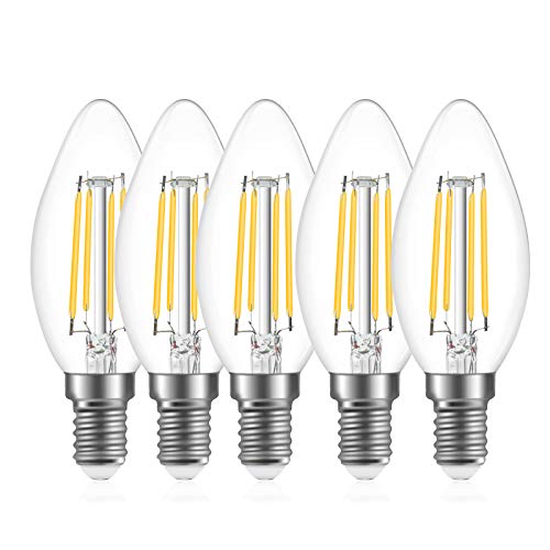 Bonlux Bombilla de filamento LED E14, bombillas LED tipo vela, C35, 4 W, equivalente a 40 W, C35, estilo vintage, no regulable, luz blanca cálida 2700 K, 350 lm, paquete de 5 unidades