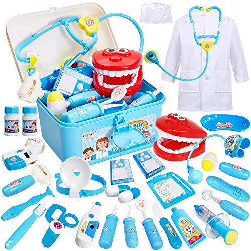 Buyger 35 Piezas Maletin Medicos Doctora Juguete Disfraz Doctora Kit Medicos Juego Accesorios Juego de rol Cumpleaños Regalos para Niñas Ninos 3 4 5 6 Años (Azul)