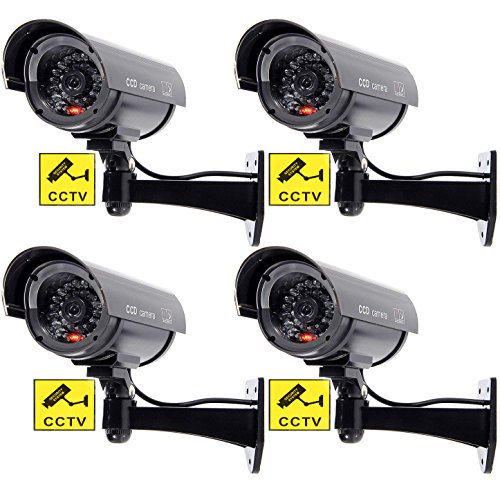 BW 4 cámaras de seguridad falsas para interiores y exteriores con luz intermitente en forma de bala, color negro