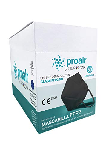 Caja 50 Mascarillas FFP2 homologadas CE 2834, color Negro, filtrado de 5 capas - ProAir - Mascarilla protección respiratoria