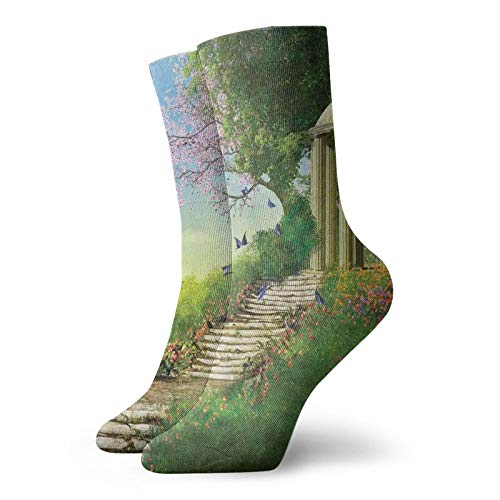Calcetines suaves de media pantorrilla, cenador en la parte superior de una colina con escaleras de piedra y flores de tierra medieval, calcetines para mujeres y hombres mejores para correr