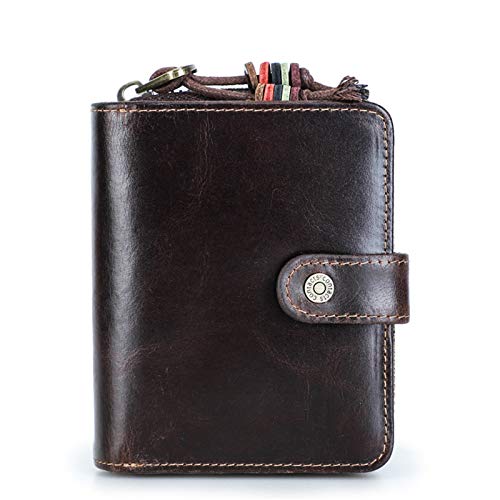 Carteras de Hombre Cuero Genuino Cartera Plegable Monedero, con Protección RFID,6 Ranuras para Tarjetas, 1 Compartimentos para Billetes,2 Bolsillo para Monedas con Cremallera,Brown,9 * 3 * 11cm