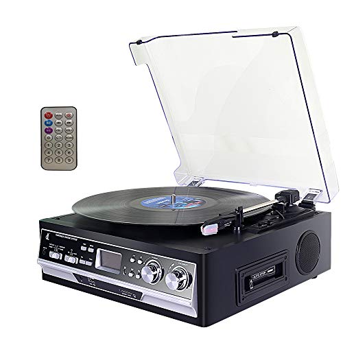 Cassette Tocadiscos,Giradiscos de Vinilo DLITIME con Radio Am&FM/USB/RCA/AUX/Altavoz Estéreo Bluetooth/Reproductor de Control Remoto