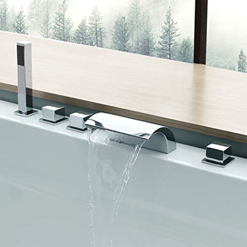 CECIPA Grifo de Bañera en Cascada de Acero Inoxidable y Latón, Sistema de Ducha con 5 Orificios, con Ducha de Mano y Manguera Retráctil, Estilo Moderno, Cromado CECIPA Grifo de Bañera en Cascada de Acero Inoxidable y Latón, Sistema de Ducha con 5 Orificios, con Ducha de Mano y Manguera Retráctil, Estilo Moderno, Cromado