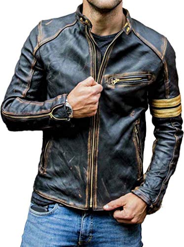 Chaqueta de cuero para hombre, estilo vintage, para motociclista, color negro