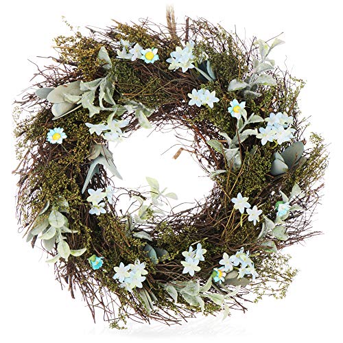 com-four® Corona de Pascua con Flores, Corona de Mesa Decorativa, se Puede Utilizar como Corona de Puerta con una Percha, diámetro Aprox.30 cm (Blanco. Azul)