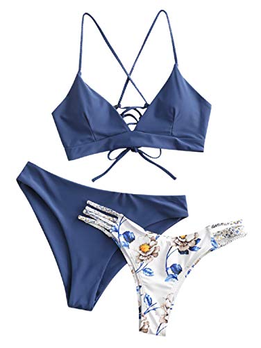 Conjunto de bikini Zaful para mujer compuesto por dos piezas con sujetador ajustable en la espalda y efecto realzador, escote triangular y estampado de flores Azul-3 M