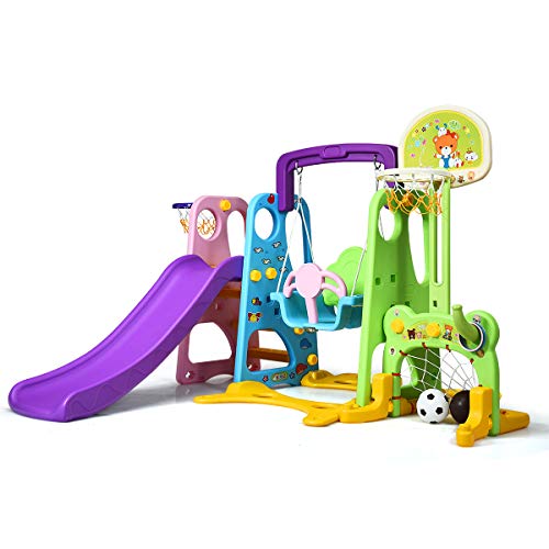 COSTWAY Parque Intantil con Tobogán,Columpio y Canasta Baloncesto Centro de Juegos para Niños para Jardín Hogar Exterior Interior COSTWAY Parque Intantil con Tobogán,Columpio y Canasta Baloncesto Centro de Juegos para Niños para Jardín Hogar Exterior Interior