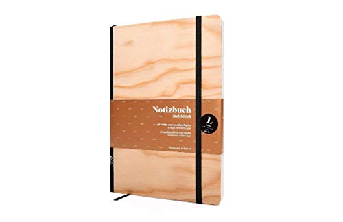 Cuaderno A5, cuaderno de madera, chapa de madera auténtica, pino con banda de goma, clásico, DIN A5