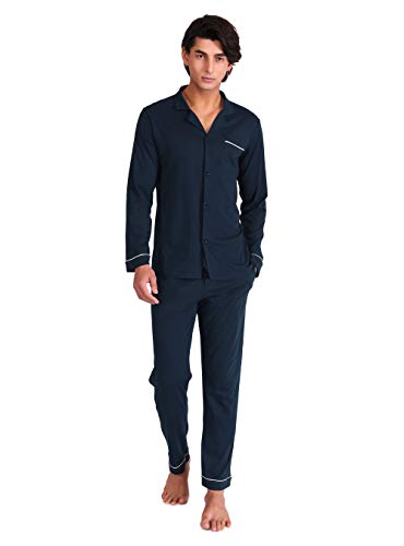 DAVID ARCHY - Conjunto de pijama para hombre, juego de 1 camiseta y pantalón largo de algodón, bragueta, botones y cordel Azul oscuro. Large