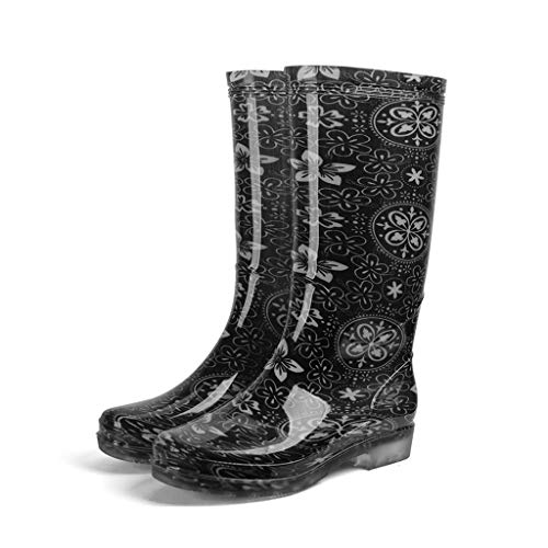 De las mujeres a prueba de agua Imprimir lluvia botas de moda botas de lluvia antideslizante resistente al desgaste de PVC Botas forro de malla Mud Boots ( Color : Black classic flower , Size : 36 )