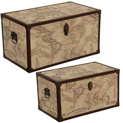 DONREGALOWEB Set de 2 baúles de Madera y Polipiel con el mapamundi y herrajes metálico 65x38x35 y 55x32x30cm