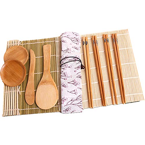 DXIA 11 Piezas Kit para Hacer Sushi de Bambú, Kit de Fabricación de Sushi de Bambú Incluye, 2 Esterillas, 4 Pares de Palillos, 1 Paleta, 1 Cuchilla de Sushi, 2 Plato Pequeño, 1Esparcidor de Arroz