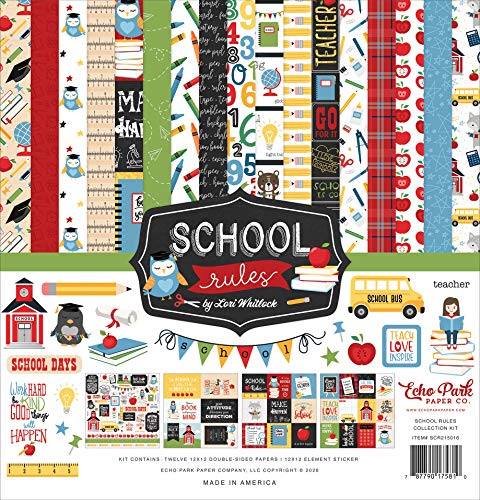 Echo Park Paper Company School Rules Collection Kit de papel, rojo, azul, negro, verde, amarillo, naranja