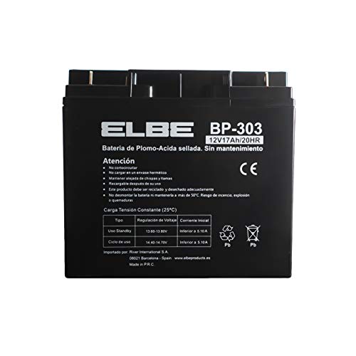 Elbe BP-303 - Batería de Plomo-ácido, 12V 17A, sellada, sin Mantenimiento, Vida útil 3-5 años, Recargable, Negro