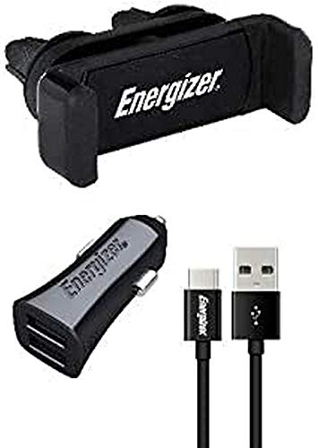 ENERGIZER CKITB2CLI3 - Kit Universal para Coche (Soporte de Clip de 360° - Cargador con Cable USB-C - 2 USB - 3 y 4 A) Compatible MFI - Color Negro
