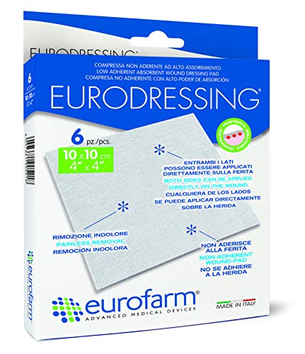 Eurodressing(cm 10 x cm 10) Compresa No Adherente Con Alto Poder de Absorción, No se Adhiere a la Herida, 6 Unidades