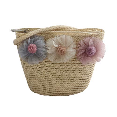 FENICAL Bolso bandolera de paja Flor de encaje tejida Bolsa de playa Tejida Messenger Bag para niñas (beige)