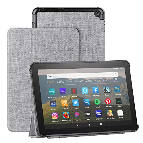 Foluu - Funda para tablet Kindle Fire HD 8 y Fire HD 8 Plus (10ª generación, versión 2020), diseño delgado y ligero con triple soporte de PU para el nuevo Kindle Fire HD 8 2020 (gris)