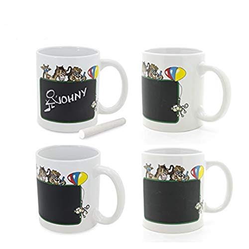 FUN FAN LINE - Set de Tazas de cerámica con exterior en pizarra para dibujar, cada una con tiza y en caja de regalo individual. Ideal para café, té o bebidas calientes (Animalitos, 12)