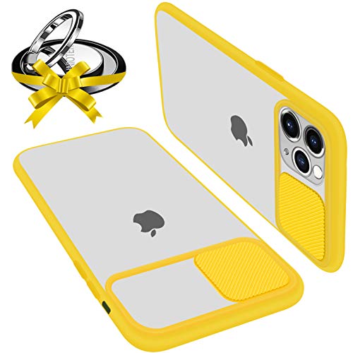 Funda Con Tapa Deslizable Para Cámara Compatible Con iPhone 11 Pro MAX Funda Protectora Antigolpe Carcasa PC y Silicona TPU Con Soporte de Anillo (Soporte El Montaje De Coche Magnético) Amarillo