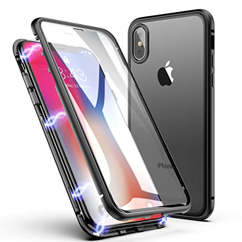 Funda para iPhone X/XS, ZHIKE Diseño de una Sola Pieza Funda de Adsorción Magnética Súper Delgada de Vidrio Templado con Cubierta Magnética Incorporada Cobertura de Pantalla Completa (Negro Claro)