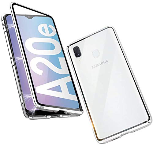 Funda para Samsung Galaxy A20E magnética, protección completa de 360 grados, antigolpes, parte delantera y trasera, cristal templado, marco de metal, color plateado