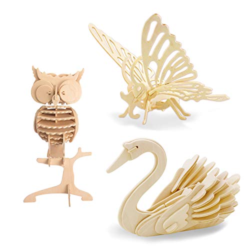 Georgie Porgy Modelos de Animales de Madera en 3D, Kit de Construcción de Artesanía en Madera de Rompecabezas ños de Edad para Niños de 5+ (3 Piezas) (Búho Cisne Mariposa)