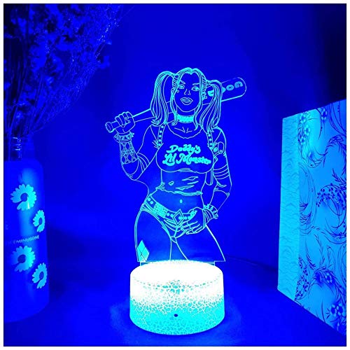 GEZHF Harley Quinn de Suicide Squad Lámpara de ilusión 3D Cool Home Party Navidadvacaciones Luz de fondo Regalo LED Sensor de luz nocturna-16 colores con control remoto