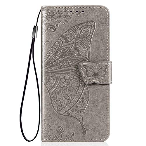 GOGME Funda para Motorola Moto G9 Power Funda, Suave PU Cuero Flip Carcasa Case Cover, Cubierta Magnética en Relieve de la Mariposa, Billetera con Soporte/Tapa Tarjetas. Gris