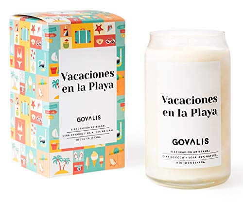 GOVALIS Vela Aromática Vacaciones en la Playa | Cera de Soja 100% Natural | 100 Horas, Vela Perfumada Grande en Vaso Taza, Vainilla, Regalos Originales para Mujer, Decoración, Yoga, Hogar, Baño