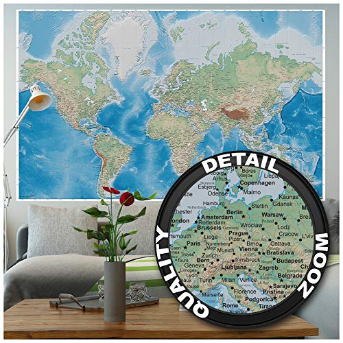 GREAT ART XXL Poster – Mapa Mundial – Mural Proyección De Miller En Plástico Relieve Diseño Earth Atlas World Globe Mapa Geografía Cartel De Pared Y Decoración (140 X 100 Cm)