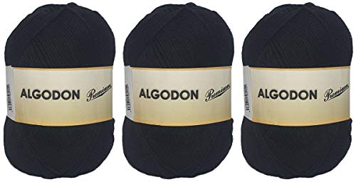 Hilo Ovillo de Algodón Premium 100% Algodón perfecto para DIY y tejer a mano (Color Negro 100 g, aprox. 220 metros Pack de 3 pcs)