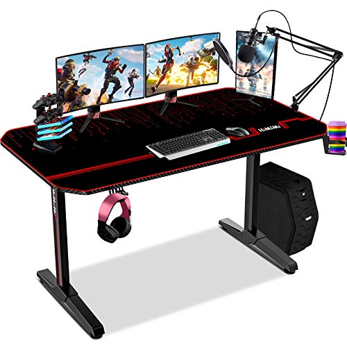Himimi 55' Mesa Gaming Desk, Ergonómica Grande PC Gaming Escritorios 140x61x76 cm, Computer Computadora Gamer Pro Tablas con Alfombrilla de ratón, Portavasos y Gancho para Auriculares, Mango de juego