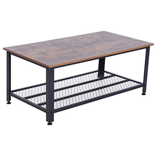 HOMCOM Mesa de Centro Mesa Auxiliar Multifuncional para Sofá Salón Dormitorio Estilo Industrial Retro Estante de Rejilla Mesa Café Acero y Madera 106x60x45cm