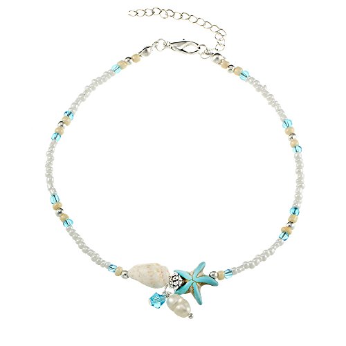 HOMEYU® Mujeres Tobilleras Mini Perlas de Color Azul Piedra Azul Estrellas de mar Perlas de Vidrio y Perlas Cadena Beach Encanto de la Playa Pulseras de Tobillo