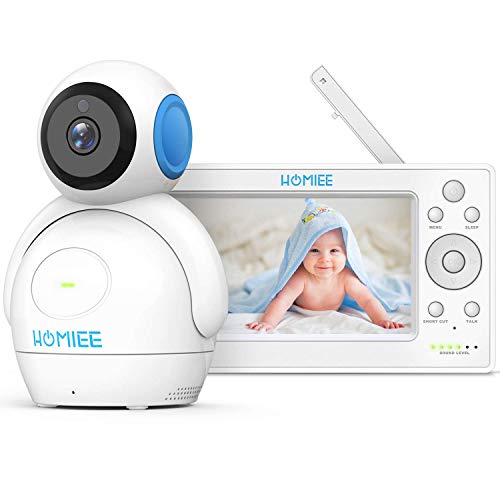 HOMIEE Bebé Monitor Vigilabebés con cámara inalámbrico de vídeo LCD HD de 5", Visión Nocturna, Intercomunicador Bidireccional, Canciones de Cuna (Azul)