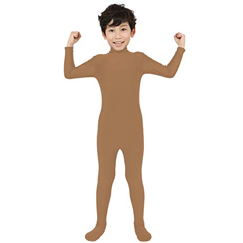 IBAKOM - Body de lycra de manga larga para niños y niñas, con cuello alto, una pieza para danza, traje entero, deportivo, yoga, Zentai Halloween marrón claro L