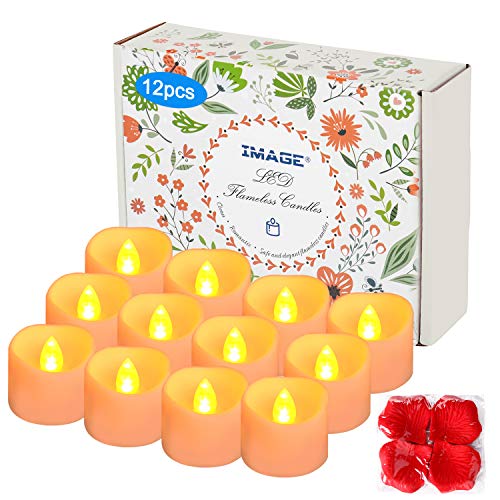 IMAGE Temporizador LED, 12 velas de té eléctricas con 100 pétalos de rosas artificiales decorativos, 6 y 18 horas apagadas, incluye pilas CR2032, color amarillo cálido