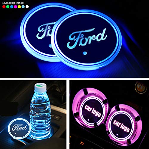 Interestingcar LED Car Cup Holder Lights,LED Car Logo Cup Holder Pad Waterproof Bottle Drinks Coaster Built-in Light 7 Colors Changing USB Charging Mat LED Cup Mat Car Atmosphere Lamp 2PCS (fit fo-rd)