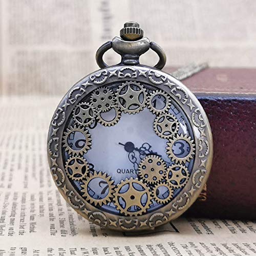 IOMLOP Reloj de bolsillo antiguo Steampunk reloj de bolsillo vintage bronce engranaje hueco collar colgante unisex reloj con cadena Fob, bronce