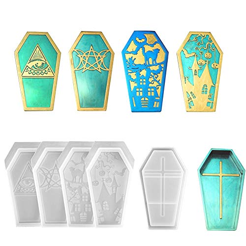 Iriisy - 5 Moldes de Resina Epoxi de Cristal, 4 Cubiertas, 1 parte Inferior, decoraciones del hogar de bricolaje de Halloween, Juego de moldes cajas de almacenamiento de baratijas de silicona