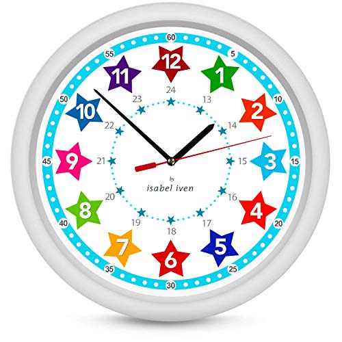 Isabel Iven - Reloj de Pared para niños con Estrellas, Movimiento silencioso – enseña a los niños a Leer un Reloj