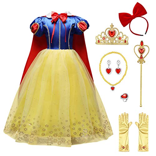 IWEMEK Traje de Princesa Blancanieves Disfraz de Carnaval con Cabo Accesorios 9pcs Vestido de Cosplay para Niñas Disfraces de Halloween Navidad Cumpleaños Comunión Fiesta 7-8 años