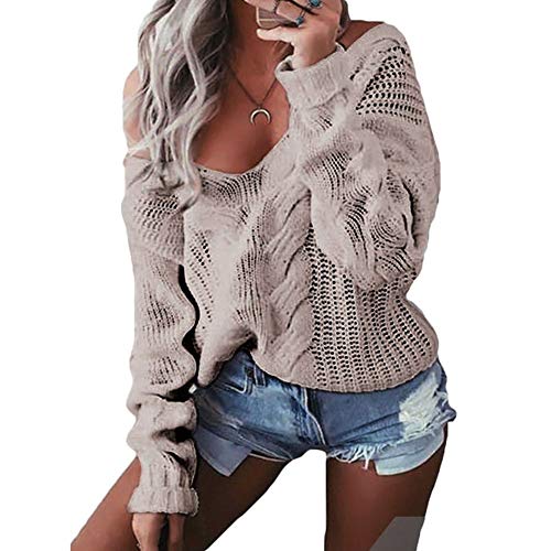 Jersey Mujer Otoño Elegantes Moda Punto Festival Hueco Pullover de moda Cuello En V Profundo Sin Tirantes Manga Larga Anchos Tejer Arriba Top Sweater Casual Cómodo Jerseys Estilo Moderno