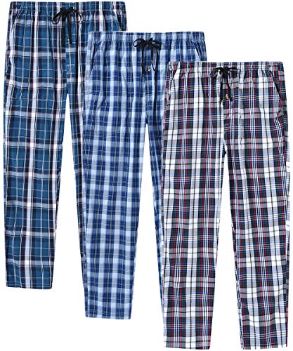 JINSHI Hombre Pantalones Largos de Pijama Algodón Casa Pantalón a Cuadros con Bragueta de Botón 3 Pack XXL