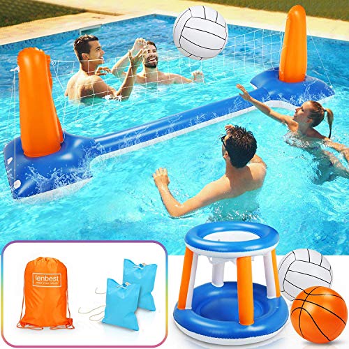 Jojoin Voleibol de Piscina de Verano, Juego de Voleibol Inflable Incluyen Redes de Voleibol y Aros de Baloncesto Apto para Niños y Adultos para Deportes Acuáticos - (115 x 38 x 28 Pulgadas)