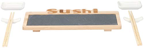 Juego de 7 platos para sushi (30 x 16 cm, bambú con placa de pizarra, 2 pares de palillos de bambú, 2 palillos chinos de porcelana, 2 cuencos rectangulares de porcelana)