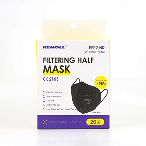 KEHOLL Mascarillas FFP2, Pack 20 Unidades de 5 capas, Color Negro, Adultos, Desechables Certificadas y Homologadas CE2163 EN149:2001+A1:2009 KEHOLL Mascarillas FFP2, Pack 20 Unidades de 5 capas, Color Negro, Adultos, Desechables Certificadas y Homologadas CE2163 EN149:2001+A1:2009